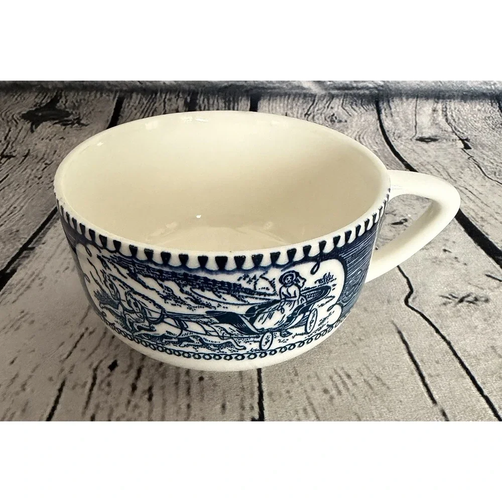 Vintage Royal China Currier & Ives Blue/White Steamboat Tea Cup & Saucer Set